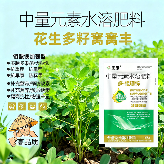拼多多农资主图1:1正方形，突出抗重茬防早衰功效，展示使用后花生植株健壮叶片浓绿对比效果，产品包装放在显眼位置，农业写实风格