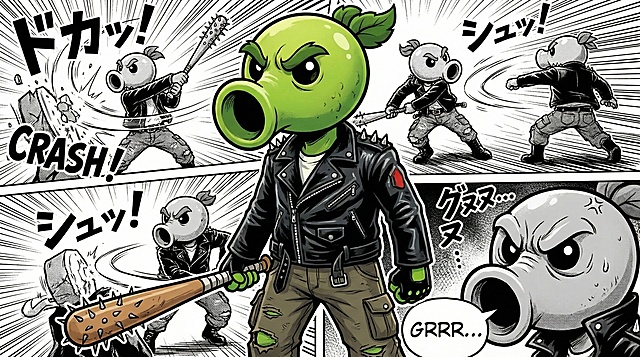 生成类似前面人物，后面黑白漫画分镜的图片，前面角色是一个豌豆射手的卡通角色，服装是机车族和恶霸风格，手持棒球棍武器，背后是他在战斗的黑白漫画分镜