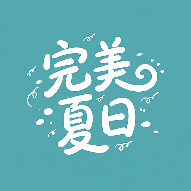 在保持原图手写活泼字体风格基础上，只保留四个大字"完美夏日"，去掉Summer英文，字体保持白色，背景保持青湖蓝色，保留原图的卷曲装饰和圆点装饰元素，文字结构清晰可识别，文字整体完整呈现不裁切，四周留安全边距