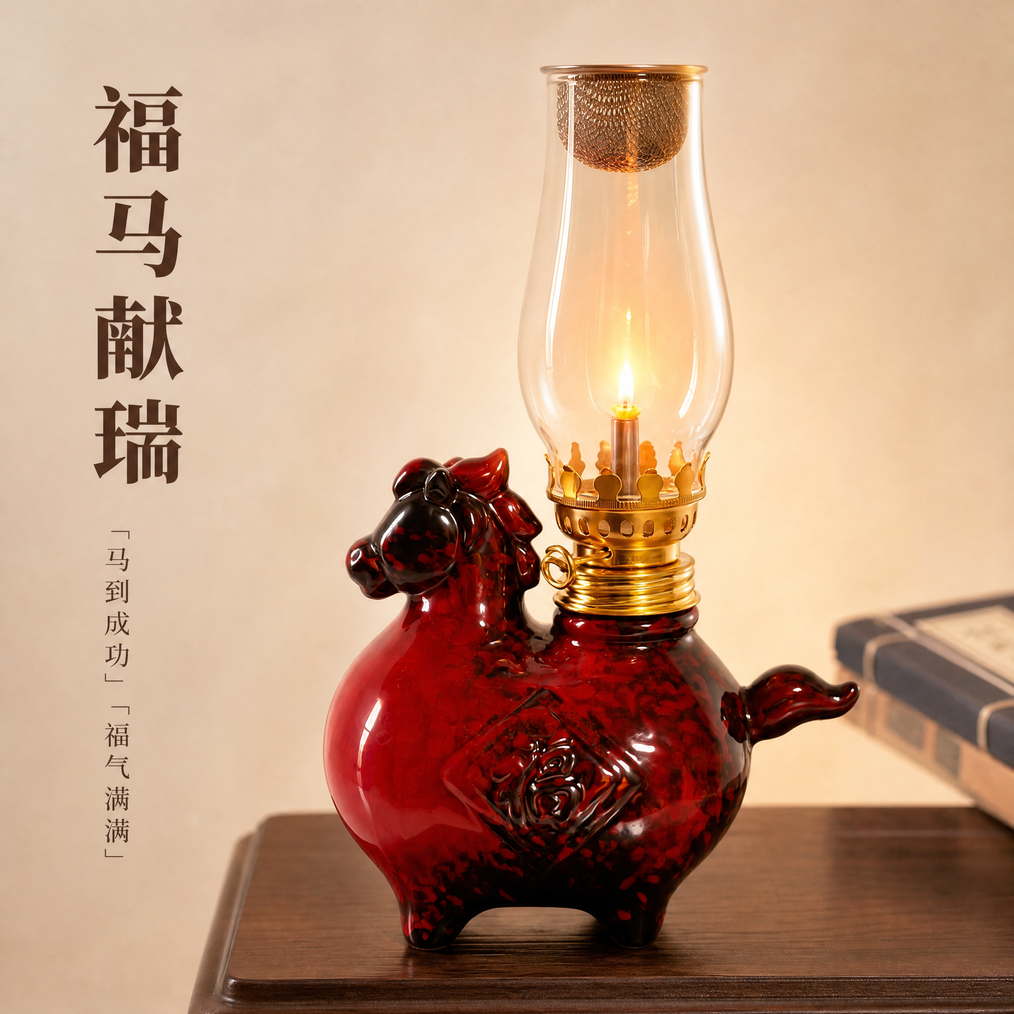 新中式简约风格电商主图，福马酥油灯点燃效果展示。红釉陶瓷马造型… - 图片创意预览