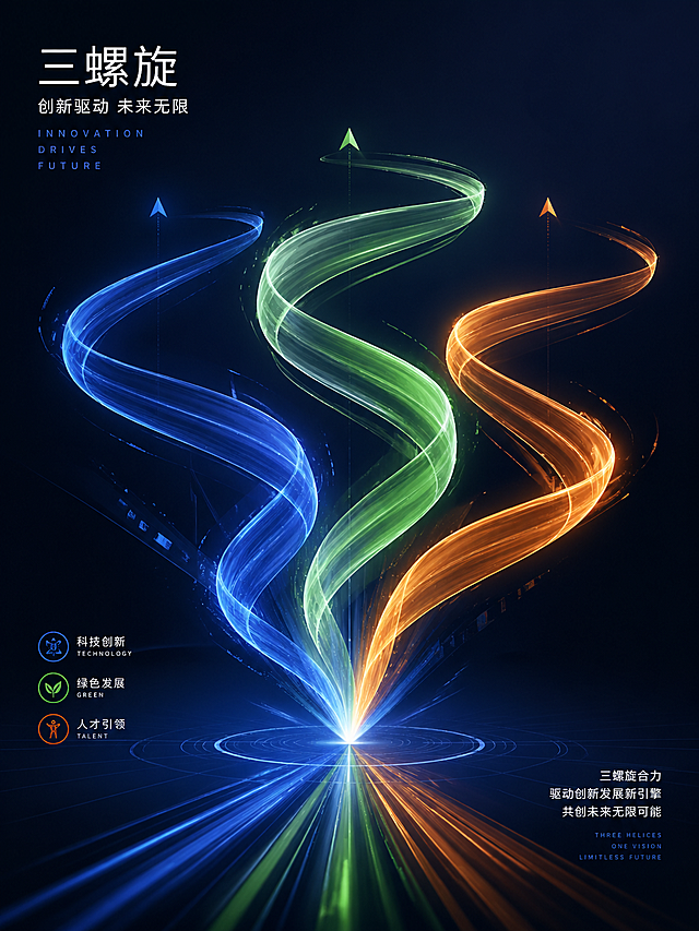 高端抽象风格海报《三螺旋》，主题：创新驱动，画面主体是蓝、绿、橙三条三色螺旋线从起点发散，整体风格抽象逻辑，具有高端竞赛感，简洁大气，系统感强