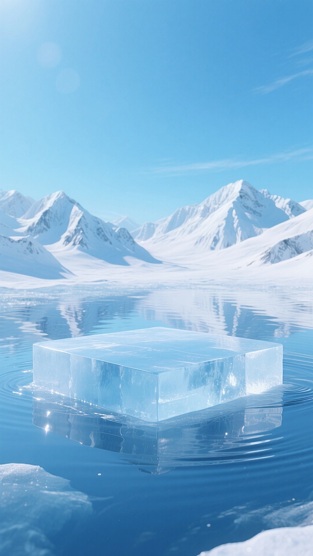 画面中心是水面上的巨大冰面展台，背景是连绵的雪山与蓝天，水面泛起涟漪并形成倒影，整体以蓝白色调为主