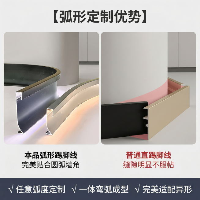 [主图 2] 产品弧形定制优势展示
[氛围/风格] 现代简约家装风格，专业真实质感，明亮柔和光照
[画面元素] 在左侧放置原图的铝合金弧形踢脚线产品，保留产品形状、颜色、材质和原图完全一致；右侧为直踢预览效果