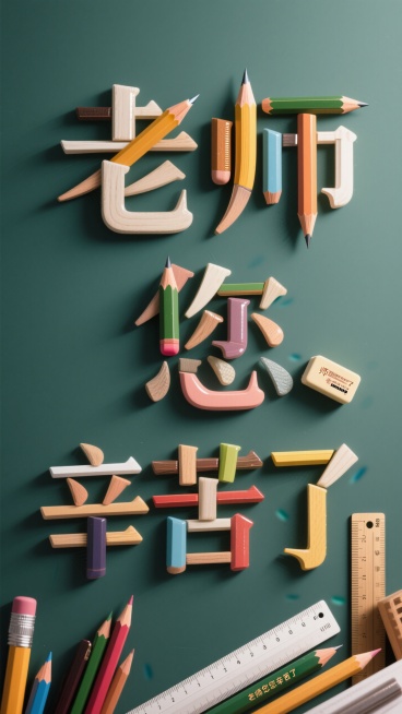 "老师您辛苦了"文字，三个字的笔画由不同的文具拼接而成，放在一块简单的墨绿色背景上。预览效果