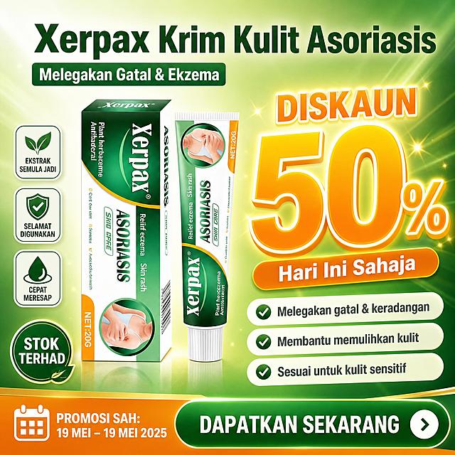 [主图-7] Xerpax Asoriasis Krim Kulit 20g 50%折扣促销图，亚马逊跨境主图。
[统一基调] 马来西亚市场，马来语可见文案，东南亚明亮风格，品牌主色为深绿色+白色+橙黄色点缀；主标题用干净无衬线粗体，深绿色字；辅助文案用深灰色无衬线体；图标和标签用圆角矩形，整体干净专业，移动端易读；促销图允许更醒目的折扣视觉。
[画面] 明亮的渐变绿色背景，带有轻微的光效和庆祝感装饰（少量金色光点点缀，不杂乱）；画面中央偏左放置Xerpax产品（纸盒+软管组合），产品占画面约45%；右侧是醒目的50%折扣标识，大字号折扣数字非常突出；画面底部有促销时间和行动号召感的设计元素；整体氛围热烈但不廉价，符合东南亚促销风格。
[光影质感] 商业促销海报质感，产品打光均匀突出，有自然阴影；折扣区域有轻微发光效果，吸引眼球；整体明亮有活力。
[配色] 深绿到浅绿渐变背景，橙黄色作为促销主强调色，白色文字，金色光点点缀，整体色彩鲜明有冲击力。
[文字版式] 右上角超大字号折扣数字："DISKAUN 50%"，橙黄色粗体，最醒目；折扣下方小字："Hari Ini Sahaja"；产品上方主标题："Xerpax Krim Kulit Asoriasis"；产品下方副标题："Melegakan Gatal & Ekzema"；底部有行动号召文字："Dapatkan Sekarang"；左侧有小标签："Stok Terhad"；所有文字为马来语，字体统一无衬线体，折扣数字最大最粗，主标题次之。
[输出要求] 比例1:1，2048x2048，产品清晰，促销信息醒目，文字清晰可读，无变形、错字、模糊、杂乱、水印、平台Logo。禁止出现中文，禁止使用爆炸贴、廉价促销边框，保持品牌高级感。
