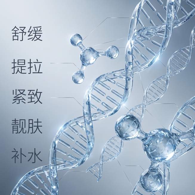 [主图 2] 核心胶原蛋白成分解析
[氛围风格] 硬核科研科技感
[画质] 高精度3D渲染，细节丰富清晰
[元素] 全屏展示透明立体3D三型胶原蛋白分子结构和DNA双螺旋，大小错落形成纵深感，分子带通预览效果