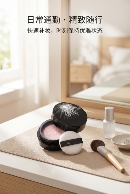 2:3竖版，生活化高端场景图，严格还原上传的POLA BA散粉产品图，包括包装设计、颜色、LOGO位置、文字内容、图案元素等所有细节，产品外观必须与参考图完全一致，不得改变包装设计、配色方案或品牌元素预览效果