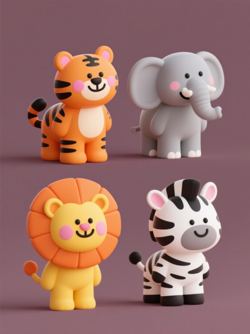 软3D风格的童趣动物系列素材集合，四个角色规整排列在同一画面中，每个角色独立在纯色背景上，色彩鲜明充满童真。第一个是黄色身体、橙色鬃毛的微笑狮子，脸颊带有粉色腮红，线条圆润可爱；第二个是橙色身体、黑色条纹的微笑老虎，同样有着粉色腮红和圆润轮廓；第三个是灰色身体、白色象牙的微笑大象，耳朵宽大，表情温和；第四个是白色身体、黑色条纹的微笑斑马，造型简洁明快。所有角色均采用统一的软3D质感，边缘有轻微……预览效果