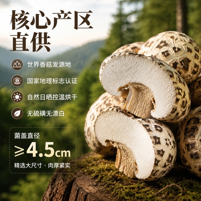 [主图-2] 庆元干香菇核心产区溯源卖点展示。[氛围风格] 真实可信，自然产地氛围。[画质] 商业摄影质感，产品清晰真实，画面通透高级。[元素] 画面右侧聚焦展示几颗精选大尺寸干香菇，人工剪柄厚肉断面预览效果