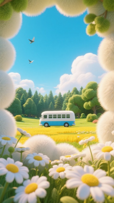 前景是簇拥的白瓣黄芯雏菊，虚实结合形成画框，中景是一辆白蓝相间的巴士停在黄绿相间的田野间，背景是茂密的森林与蓬松的白云，蓝天中飞鸟掠过，整体色调明亮柔和，氛围宁静悠闲，充满自然生机，写实风格，细节清新预览效果