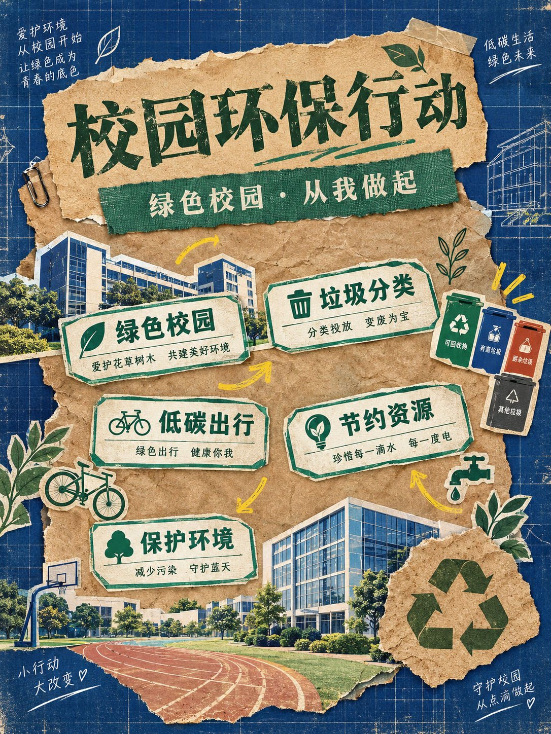 竖版海报，复古档案拼贴风格，现代校园环保主题。背景是深蓝色的工… - 图片创意预览
