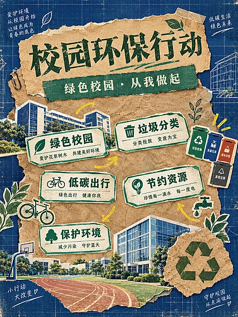 竖版海报，复古档案拼贴风格，现代校园环保主题。背景是深蓝色的工程网格图纸，带有轻微的做旧泛黄感和纸纹质感。画面中央覆盖着一张边缘撕裂的做旧牛皮纸，牛皮纸有自然的褶皱和磨损痕迹。牛皮纸上方贴着一块青绿色