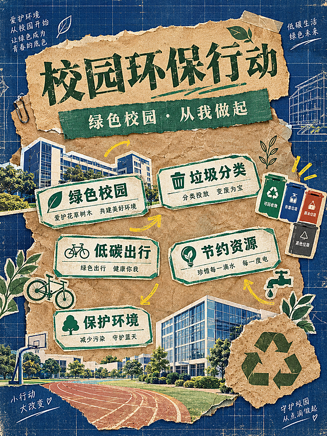 竖版海报，复古档案拼贴风格，现代校园环保主题。背景是深蓝色的工程网格图纸，带有轻微的做旧泛黄感和纸纹质感。画面中央覆盖着一张边缘撕裂的做旧牛皮纸，牛皮纸有自然的褶皱和磨损痕迹。牛皮纸上方贴着一块青绿色的布纹纸，布纹质感清晰。画面中错落有致地排列着多个白底绿字的长方形档案标签，标签上写着「绿色校园」「垃圾分类」「低碳出行」「节约资源」等中文环保文字，标签有轻微倾斜和重叠，模拟手工粘贴效果。画面中有黄色的手绘箭头指引方向，箭头线条粗糙有手绘感。右下角有一个牛皮纸材质的环保回收三箭头标志，做旧质感。画面中融入现代风格学校元素：现代教学楼几何剪影、玻璃幕墙建筑轮廓、操场跑道线条、篮球架、校园绿植等现代校园符号，以拼贴剪影和线条形式点缀在画面中，简洁现代。主色调为深蓝色、土黄色、青绿色。整体质感丰富，手工感强，拼贴层次分明，复古档案氛围浓厚。画面顶部主标题文字为「校园环保行动」，副标题为「绿色校园 · 从我做起」，文字采用复古宋体/打字机风格中文字体，全部文字为中文。版式精美，构图均衡，2K超清画质。画面中所有信息区域、标签内容必须填充完整合理的中文内容，不得出现空白框、空白占位、横线待填写区域、空列表项、空单元格；确保是完整可用的成品海报而非待填写模板。