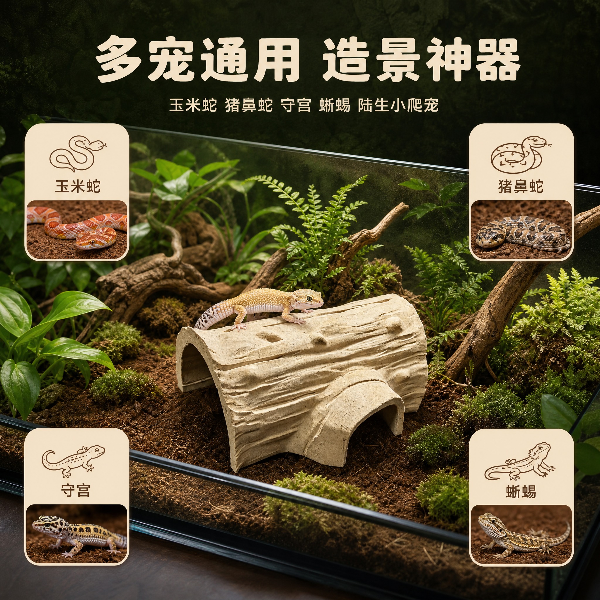 [主图-4] 主题：多爬宠兼容与场景造景图，展示产品适配玉米蛇… - 图片创意预览