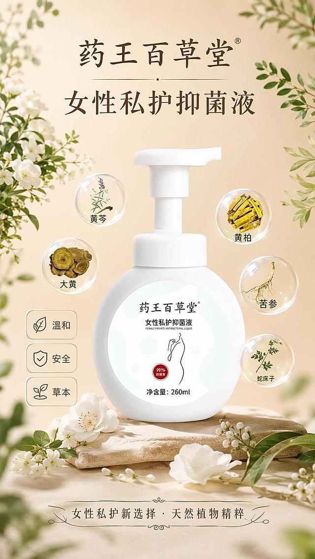 [第1屏] 详情页头图-药王百草堂女性私护抑菌液品牌形象首图。本屏使用【图1】作为商品主体。
[氛围/风格] 淡雅自然草本风，浅暖米色背景，点缀真实植物，柔和清新商业摄影质感。
[元素布局] 产品居中放置，占画面约65%；品牌Logo置于顶部；背景添加淡雅草本植物枝叶作为装饰；保持瓶身结构、文字和颜色与输入产品图一致。
[光影质感] 顶部柔和主光，四周均匀补光，产品轮廓清晰，瓶身保留柔和高光，自然阴影，整体干净通透。
[配色色系] 全局底色 #F5E9D7；主色浅暖棕；辅助色浅绿枝叶，深棕标题文字。
[视角构图] 正面平视，产品绝对视觉中心，阅读动线从上到下：顶部品牌→中部产品→底部装饰文案。
[文字版式] 顶部放置品牌名药王百草堂作为主标题，二号字体居中；主标题下方放置副标题女性私护抑菌液，三号字体居中；产品左右侧放置三个圆角卖点标签：温和、安全、草本；底部居中放置装饰文案女性私护新选择 · 天然植物精粹；所有文字清晰不遮挡产品主体。
[比例分辨率] 9:16 竖版比例，4K分辨率，文字清晰可辨，高清画质。
[负向提示词] 瓶身变形，文字错乱，产品模糊，颜色偏差，背景杂乱，低俗擦边，水印，极限词