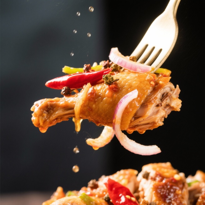 视角： 微距摄影，极度特写。

动作： 用叉子挑起一束裹满酱汁的鸡肉，画面动态。

细节： 展示鸡肉纤维、半透明的洋葱丝、辣椒片、悬挂的油滴和可见的花椒。

质感： 超详细的纹理。

光影： 戏剧性的预览效果
