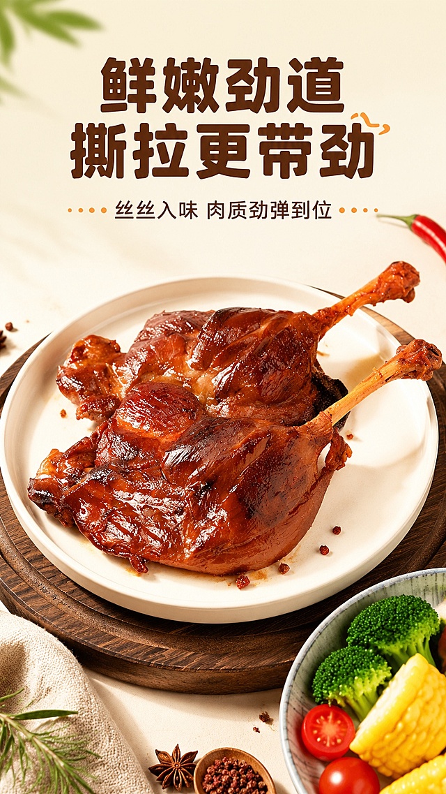 [第6屏] 肉质口感展示-鲨鱼菲特去皮鸭腿鲜嫩劲道口感详情页。本屏使用【图1】作为商品主体。
[氛围/风格] 食材质感展示风，浅米暖底，干净明亮，突出肉质纹理和口感，商业美食摄影。
[元素布局] 两只鸭腿摆放在白色圆盘内，盘子置于棕色木纹垫上，右下角搭配西兰花、玉米、番茄新鲜蔬菜，产品占比约65%，保留鸭腿原有颜色和辣椒调味质感，搭配蔬菜丰富画面；整体构图稳定透气。
[光影质感] 左上方柔光，突出鸭肉纹理和光泽，右下角投影自然，整体画面干净通透。
[配色色系] 全局底色 #f9f4ec；主色深棕色标题，暖橙点缀，绿色蔬菜丰富色彩，整体清新自然。
[视角构图] 上标题下产品俯视视角，主体居中，阅读动线从上至下，主体突出。
[文字版式] 顶部大标题「鲜嫩劲道 撕拉更带劲」副标题「丝丝入味 肉质劲弹到位」，加粗深棕色圆角字体，排版在上部，不遮挡鸭腿主体，文字清晰醒目。
[比例分辨率] 9:16 竖版比例，4K分辨率，文字清晰可辨，高清画质。
[负向提示词] 产品变形，颜色偏差，文字错乱，文字过小，水印，背景杂乱