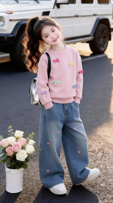 把图1的衣服和裤子给图的2的人物穿上，保留原场景光影，保持图2的人物的五官和发型不变，图片宽高尺寸不变，背景不变，人物姿势不变，保持图1的衣服和裤子的款式和颜色不变预览效果