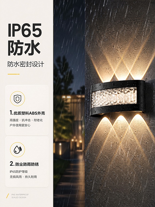 [商品] 使用【图1】黑色弧形户外壁灯；保留灯体弧形结构、黑色外壳、菱形格纹发光面、上下出光设计和整体比例；商品处理：增强外壳质感与发光面通透感，不改变产品结构与颜色。
[画面] 页面目标：突出IP65防水性能与优质塑料ABS外壳材质。左文右图分栏构图，左侧文字区占40%，右侧产品场景图占60%；产品安装于户外墙面，雨夜环境烘托防水性能，暖光从灯体上下射出形成光束效果；前景墙面、中景壁灯、后景虚化的户外庭院夜景；阅读动线从左上标题到左下卖点再到右侧产品。
[视觉] 套系策略：风格=现代简约户外照明商业摄影风；标题字=现代无衬线粗体；正文字=简洁无衬线体；主色=深炭黑+暖米白；背景延展=基于深炭黑与暖米白做深浅层级、同色渐变和细腻墙面/石材质感；强调色=暖黄光，仅用于小面积图标、引线和光效；标题色=深炭黑；正文色=中暖灰；组件=圆角浅底信息卡、细线引线、水滴图标；光影=暖光主光源，雨夜环境光偏冷蓝调形成对比。
[文字] 左上主标题「IP65防水」，副标题「防水密封设计」；下方2个卖点：1.优质塑料ABS外壳 2.防尘防雨防锈；文字区左侧排列，不遮挡灯体主体。
[规格] 图片比例3:4竖版，4K分辨率，负向提示：避免变形、错字、文字过小、灯体颜色改变、结构失真、冷蓝背景占比过大。
