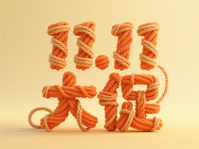 “11.11 大促” 织物风格卡通字体，以橙色线缠绕结构，多层布纹扭动如纺织机编织，搭配织布纹理与麻绳图层，手工质感强烈，浅黄色背景。