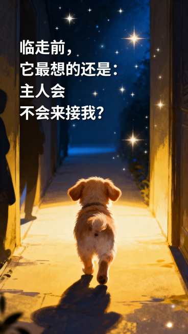 宠物离别主题情感图，昏暗梦幻的星光过道，一只小狗的背影走向光，配文“临走前，它最想的还是：主人会不会来接我？”，戳心感人氛围，竖版构图预览效果