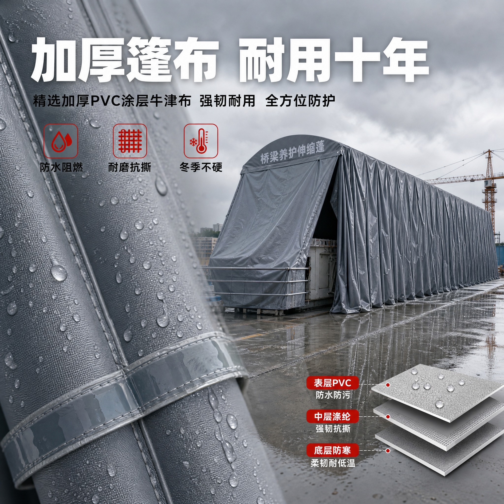 [主图-4] 桥梁养护保温伸缩蓬 灰色款 材质工艺细节特写图。… - 图片创意预览