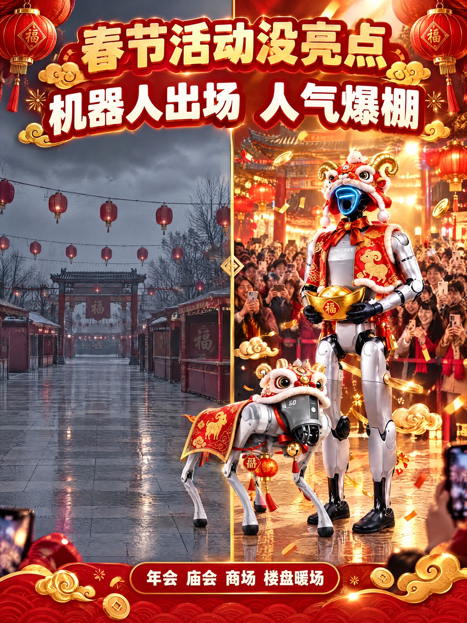 [主图-2] 机器人租赁服务新春痛点与目标场景图，小红书原生感… - 图片创意预览