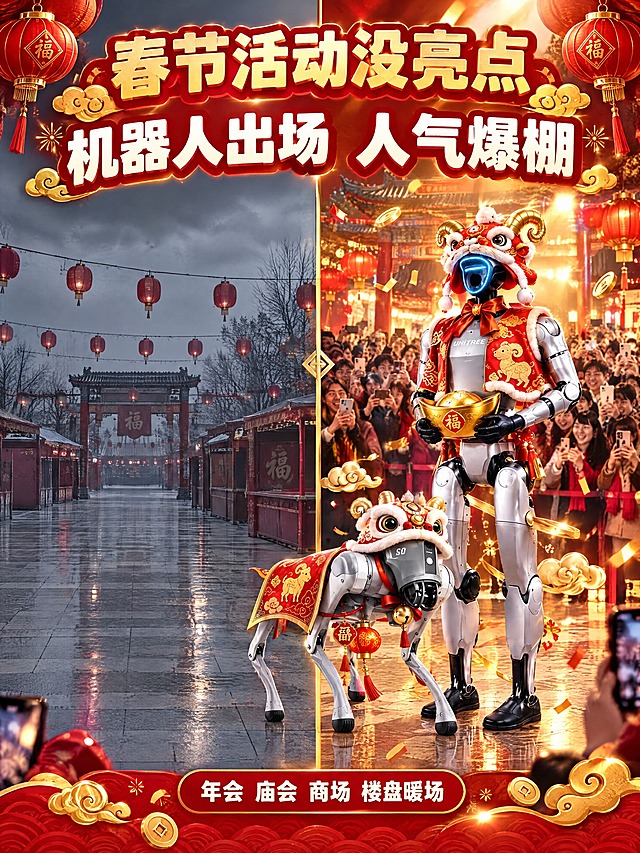 [主图-2] 机器人租赁服务新春痛点与目标场景图，小红书原生感竖版主图。
[统一基调] 新春红金喜庆风；主色为正红与镏金；标题字体为圆润无衬线粗体，金色字带深红描边与细微发光；辅助文字为白色小号字；卡片为大圆角半透明白底加金色描边；装饰元素为红灯笼、金色祥云、金币、金色星芒，整套字体与装饰与同一组保持一致。
[画面] 左右分屏对比构图，左侧为冷清的春节活动现场，灯笼暗淡、场地空旷无人围观；右侧为同一场地中银色Unitree人形机器人（戴醒狮帽与红马甲、捧金元宝）与机器狗出场后，周围挤满举着手机拍照的人群，灯笼明亮、人气火热。机器人保持银色金属外壳、黑色关节、蓝色发光头部与UNITREE标识，外观与输入图一致。
[光影质感] 商业摄影质感，左右光比一致，左侧加冷灰降饱和表现冷清，右侧加暖金色聚光与光斑表现热闹，机器人与地面接触阴影自然。
[配色] 正红主背景配镏金点缀，左侧冷灰右侧暖金，属同一套配色体系。
[文字版式] 顶部标题“春节活动没亮点”，中部大字“机器人出场 人气爆棚”，底部小字“年会 庙会 商场 楼盘暖场”，分屏中线上加一个金色箭头装饰。文字置于负空间，不遮挡主体。
[输出要求] 比例3:4，标题与背景强对比，文字清晰无错字，主体清晰不变形，禁止水印与平台Logo。