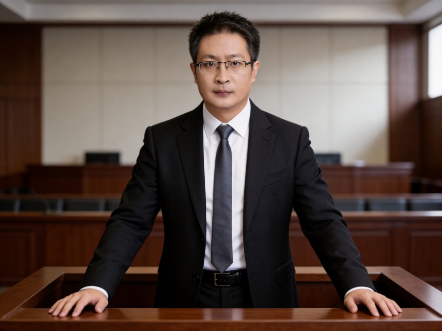 参考图中保留人物脸型、发型、年龄等特征，生成律师在法庭开庭场景的职业形象照，标准焦段50mm,f/4光圈，平视视角。人物占画面70%，人物居中，位于画面中心，为视觉聚焦点，半身像，上下留少量背景空间，预览效果