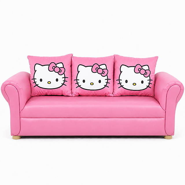 将这张三人沙发整体改成粉色皮质的，三个抱枕都换成Hello Kitty图案，保留原来金色的沙发脚不变，保持沙发形状和结构不变