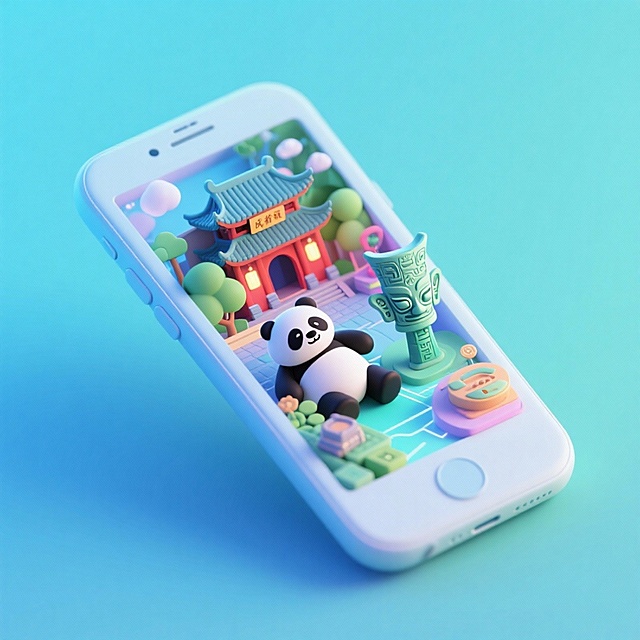 一个手机创意微缩场景，手机平放，侧面对着观众，手机俯视角度，立体的成都景观从屏幕内出来，有熊猫，三星堆，武侯祠，整体色调立体魔幻。青色背景。具有梦幻感,打光营造出柔和氛围强调梦幻和未来感的美学。