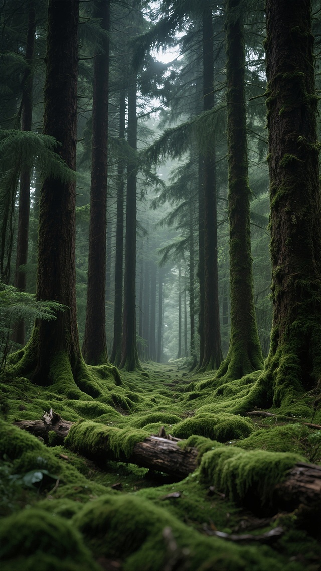 超写实摄影，幽深森林场景，深绿主调，鲜翠苔藓与深褐树干对比，广角微微上仰，高耸松树干密集呈隧道感，前景起伏苔藓地与横卧枯木，远处树干渐隐，树冠隙光洒苔藓显斑驳光影，细现苔藓湿润质感，树干粗糙与苔藓柔软材质对比，自然原始且神秘，干净现实风背景素材