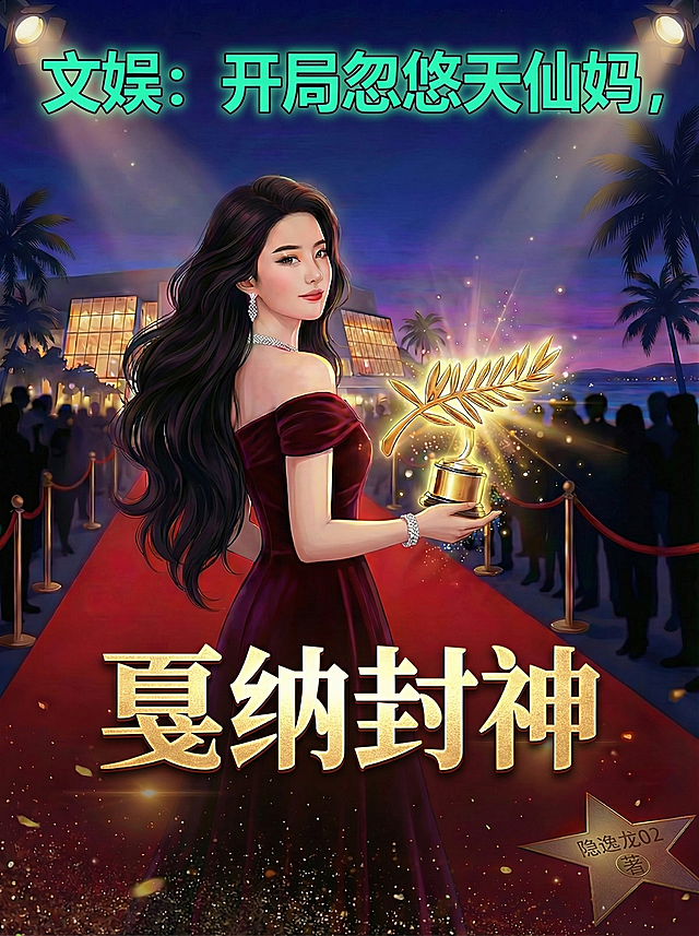 基于原图修改为都市小说封面，保留戛纳电影节红毯颁奖礼场景，有棕榈树、聚光灯、红毯、人群剪影和电影宫夜景，调整人物为身着酒红色露肩丝绒长裙的优雅女性（刘亦妃形象）正面半侧面姿态，手持金棕榈奖杯（金色橄榄枝+底座），佩戴钻石项链与手镯，中心构图，文字排版：顶部是青绿色霓虹光效文字"文娱：开局忽悠天仙妈，"，中部核心位置是烫金浮雕大字"戛纳封神"，占画面1/3高度，底部五角星徽章内金色质感文字"隐逸龙02 著"，色彩主色为深紫蓝夜空+酒红礼服+烫金标题与奖杯，点缀青绿、钻石银白、红毯暗红、聚光灯暖黄，整体呈现文娱爽文华丽封神气势，增强与读者的视觉连接，背景虚化处理