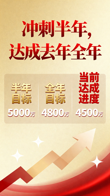 保险公司业绩冲刺海报，大标题为"冲刺半年，达成去年全年"，展示三个数据板块：半年目标、去年全年目标、当前达成进度，商务大气风格，红金配色，体现拼搏奋进的氛围，布局清晰重点突出预览效果