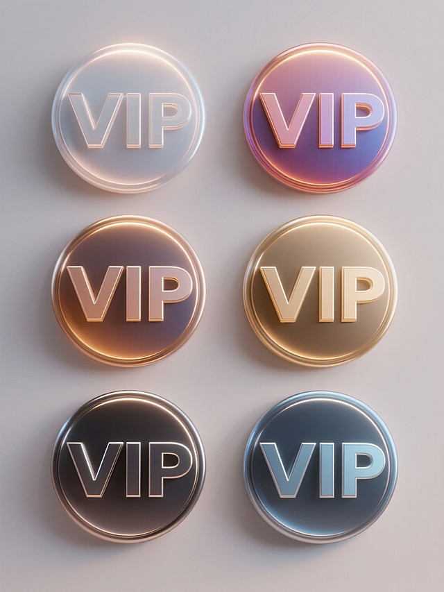 一系列6个不同配色、不同样式、不同材质的「VIP」造型设计，采用简约现代风格规整排布，每个VIP标志均具有立体感强的3D金属质感，搭配半透明渐变色彩，运用柔和的顶部光源营造出细腻的高光与阴影效果，整体呈现出光滑圆润的边缘和精致的细节处理，背景为纯色无任何文字和装饰元素