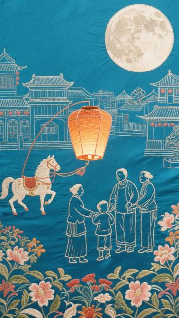 夜空万千针刺孔明灯，走马灯剪影映出家庭团圆场景，飞向巨大圆月，繁华古城背景，灯火璀璨，温馨盛世氛围，光影层次丰富预览效果