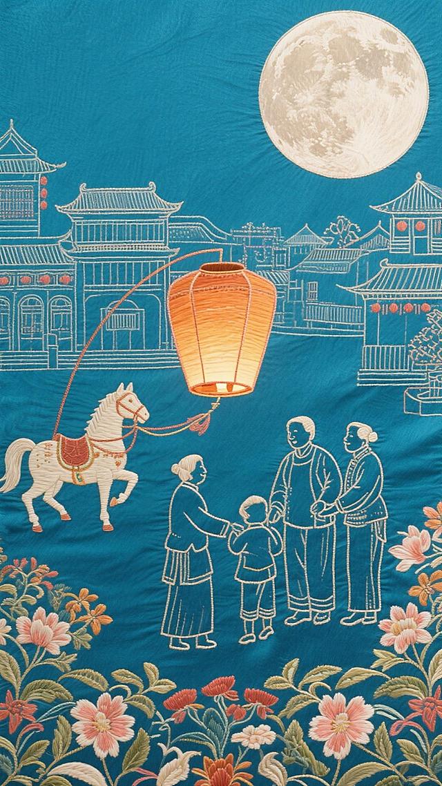 刺绣风插画，蓝底金线勾勒古典建筑与团圆人物，暖色灯笼与明月映衬温馨中秋夜，花丛点缀，尽显中式民族梦幻故事感。