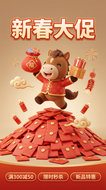 主题：马年春节电商海报 - 红包山场景
内容：微型红包山，小马棕褐色毛绒质感，穿红色唐装，跳跃在红包堆上，抱福袋和商品，周围有祥云、鞭炮、微型烟花
风格：Q版可爱微景观风，趣味活泼，红金棕褐色调
构图预览效果