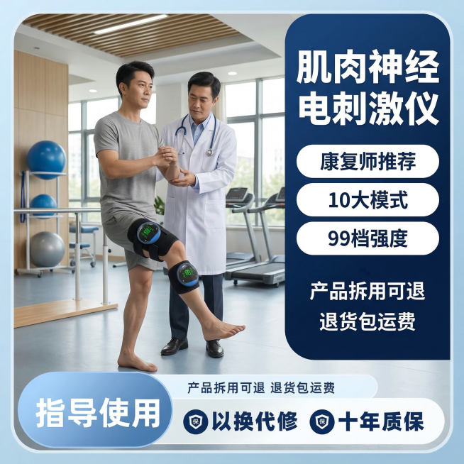 保持原图中两个黑色肌肉神经电刺激仪产品外观完全不变，使用第三种不同的腿部肢体动作，更换背景为康复中心训练大厅，保留原卖点文字内容不变：肌肉神经电刺激仪 康复师推荐 10大模式 99档强度 99档强度精预览效果