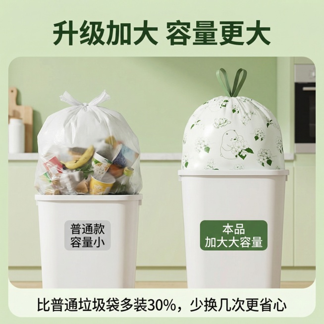 [主图 4] 加大大容量卖点展示图
[主图主题]升级加大容量 轻松容纳更多垃圾
[氛围/风格]简约场景，真实使用展示，干净明亮
[画面元素]对比展示：左侧是普通小号垃圾袋，右侧是本品加大号垃圾袋，装入预览效果