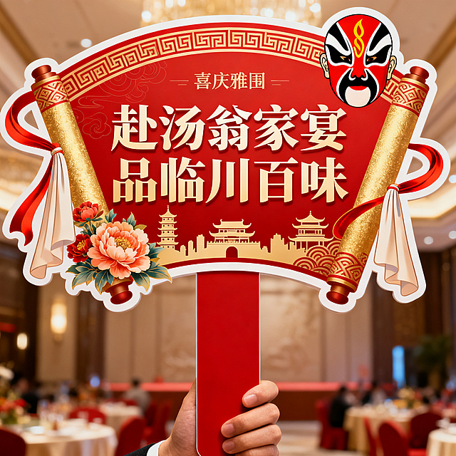 设计一款活动手举牌，主题为汤翁家宴，整体融合喜宴氛围、江西临川文化特色与传统戏曲元素，画面中心展示醒目的文字"赴汤翁家宴 品临川百味"，整体风格喜庆雅致，适合活动手持使用