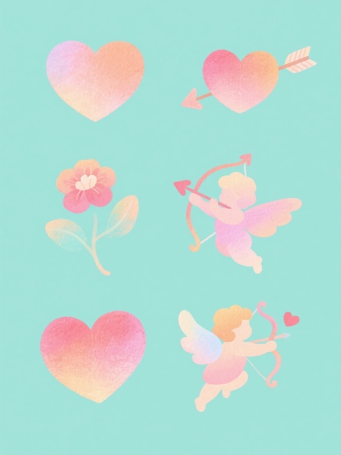 6个不同样式、不同配色、不同风格的情人节主题元素，采用柔和水彩渐变质感，线条流畅细腻，每个元素独立呈现，纯色背景，整体排列整齐有序，视觉层次分明，营造温馨浪漫氛围，元素设计包含爱心、花朵、丘比特之箭等情人节经典意象，色彩搭配和谐且各具特色，保持统一的手绘插画风格，细节精致，富有艺术感。预览效果