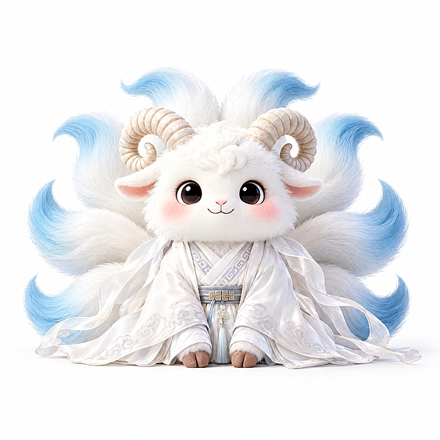 基于参考图中的九尾羊神兽，保持神兽原本的四足动物形态和所有特征完全不变（白色蓬松毛发、螺旋羊角、九条蓝渐变尾巴、坐姿），给它穿上秦始皇时期的白色丝绸长袍，衣服为秦朝样式，白色丝绸细腻有光泽，配淡雅纹饰，仙气飘飘，神兽整体形态保持不变。3D卡通渲染，纯白色背景，高清细节