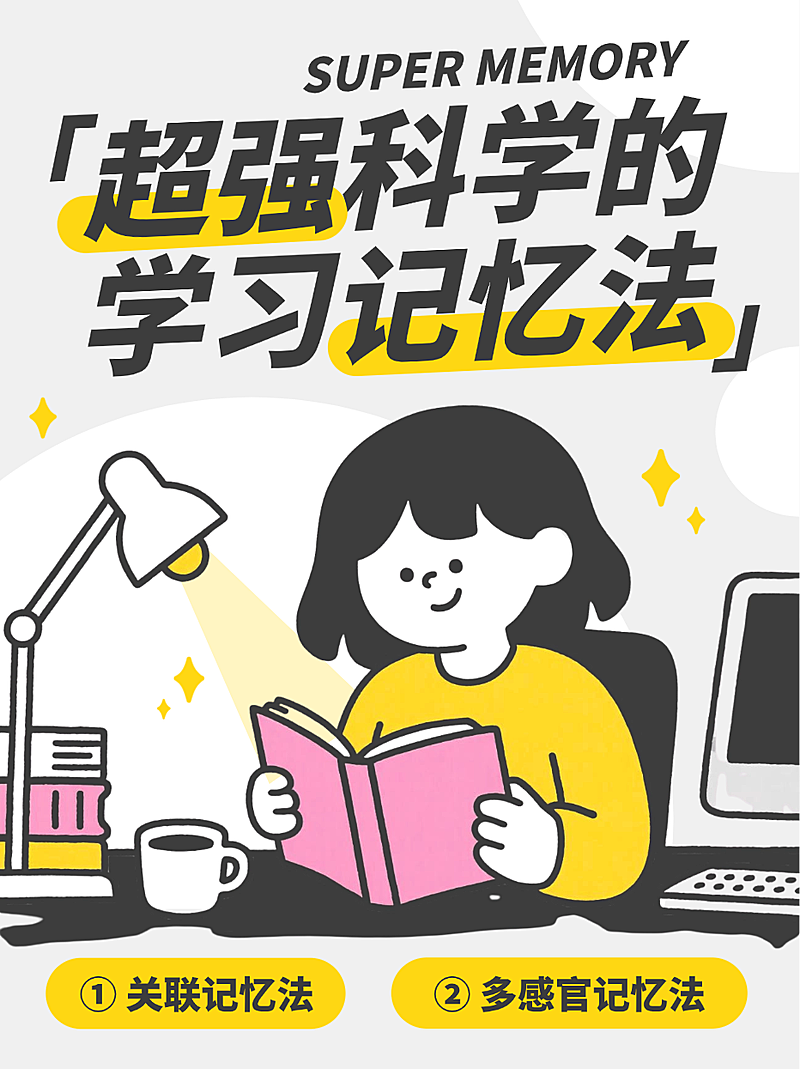 黄黑色卡通学习记忆方法攻略指南干货分享小红书封面