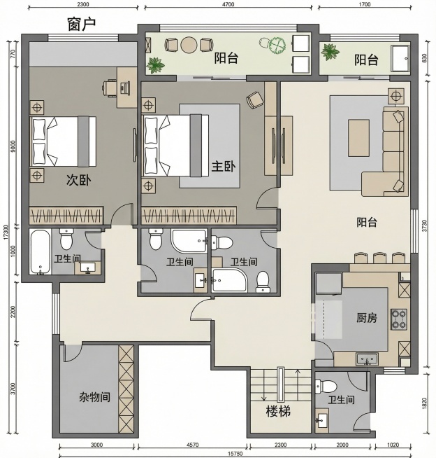 给这张手绘房屋平面图生成清晰的电子版户型图，里面包含家具及布局，保持原结构预览效果