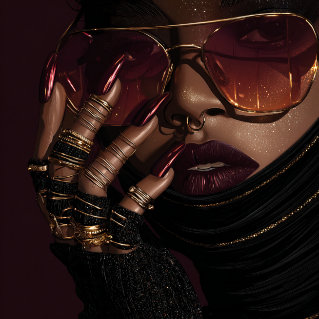 A detailed cyber-fashion illustration with a rich, warm dark palette. Tight crop on lower face and h预览效果