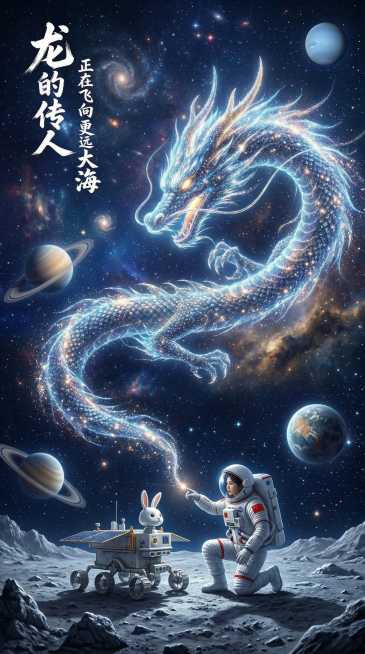 加大宇宙视角，强力丰富构图，取消机械龙，加入星球元素，宇航员在月壤上与玉兔号互动的唯美画面，加强太空星际的深邃感，整体画面和谐，色彩美观，超级清晰，高像素，氛围感强，手指划过星光汇聚成龙在宇宙中游动，预览效果