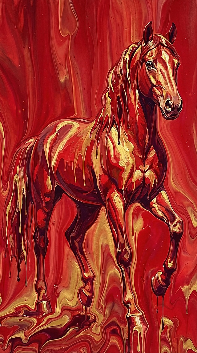熔岩奔腾的赤焰骏马，厚涂笔触与液态质感交织，超现实主义风格引爆视觉冲击，热血感十足，象征新年奋蹄前行的磅礴力量。