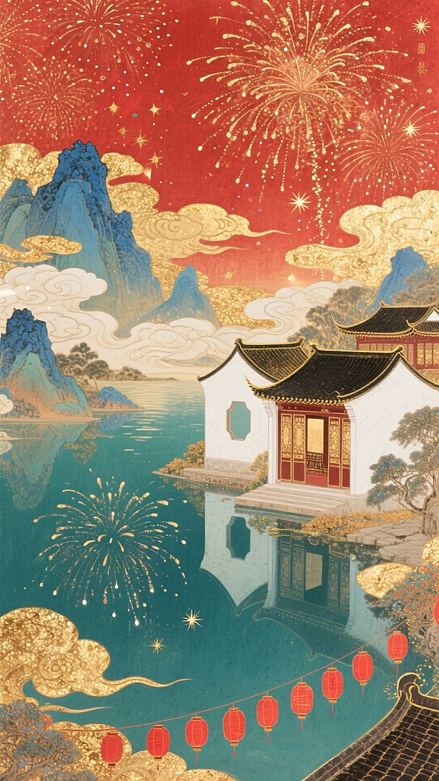 朱红底色铺鎏金烟花，层叠祥云缠青黛远山与澄澈湖面间的白墙黛瓦楼阁，国风大场景，暖金朱红交织，星光点缀，湖面倒映烟花与楼阁剪影，岸边红灯笼串随波摇曳。