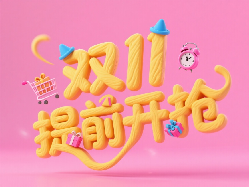 带有手工压痕的粘土风格。黄色"双11提前开抢”漂浮在空中，字体上装饰粉色购物车、闹钟、小礼盒，头戴蓝色小帽。粉色背景预览效果